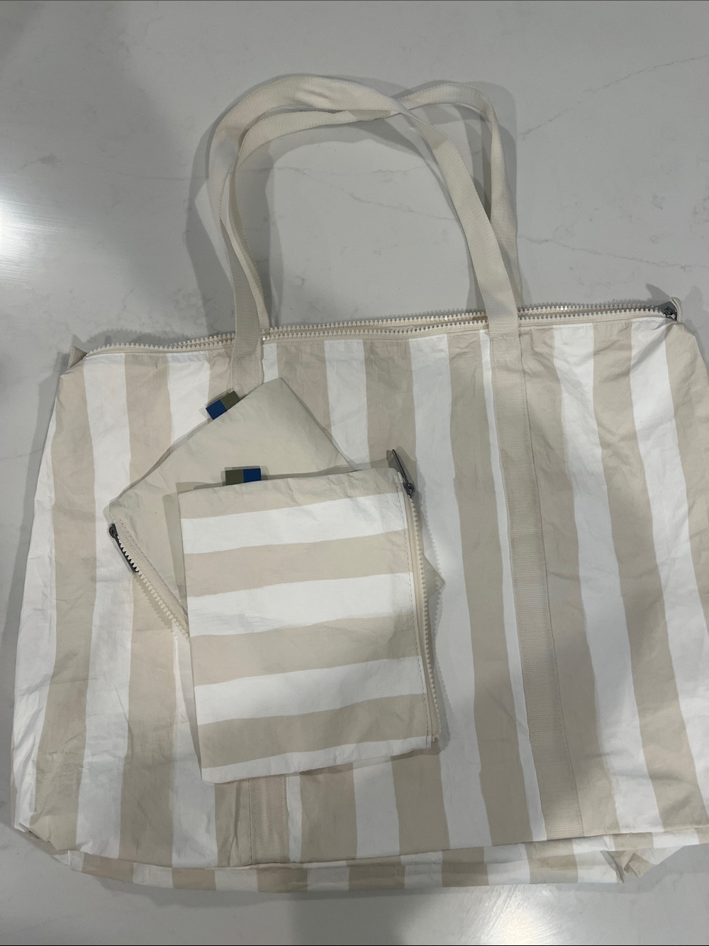Striped Cream & White Tote Bag with Matching Pouches